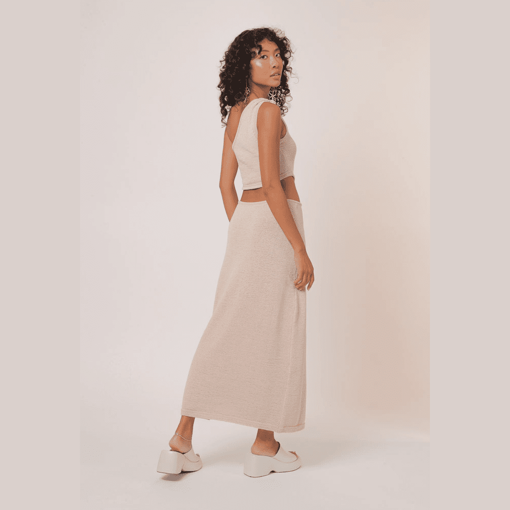Line & Dot Elle Midi Cut Out One Shoulder Dress in Light Peach - Jaunts Boutique 