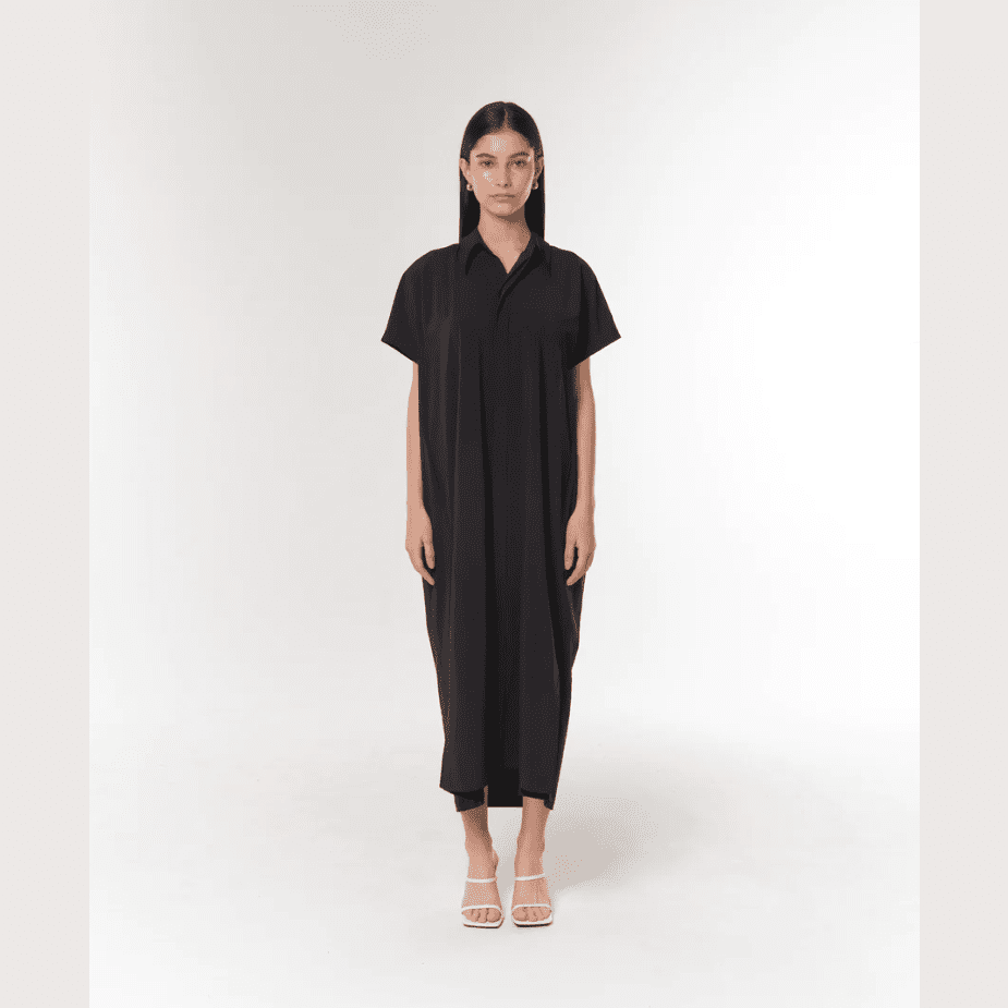 CMFRTS By A.S Airy Performance Shirt Self Tie Midi Dress in Black - Jaunts Boutique 