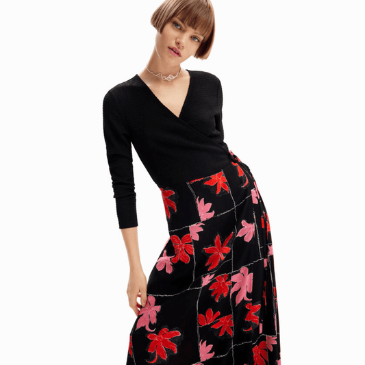Desigual Floral Wrap Midi Dress in Black Multi - Jaunts Boutique 