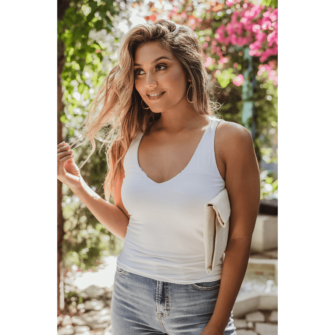 Veronica M Jersey Double Lined Tank V-Neck Top in White and Denim - Jaunts Boutique 