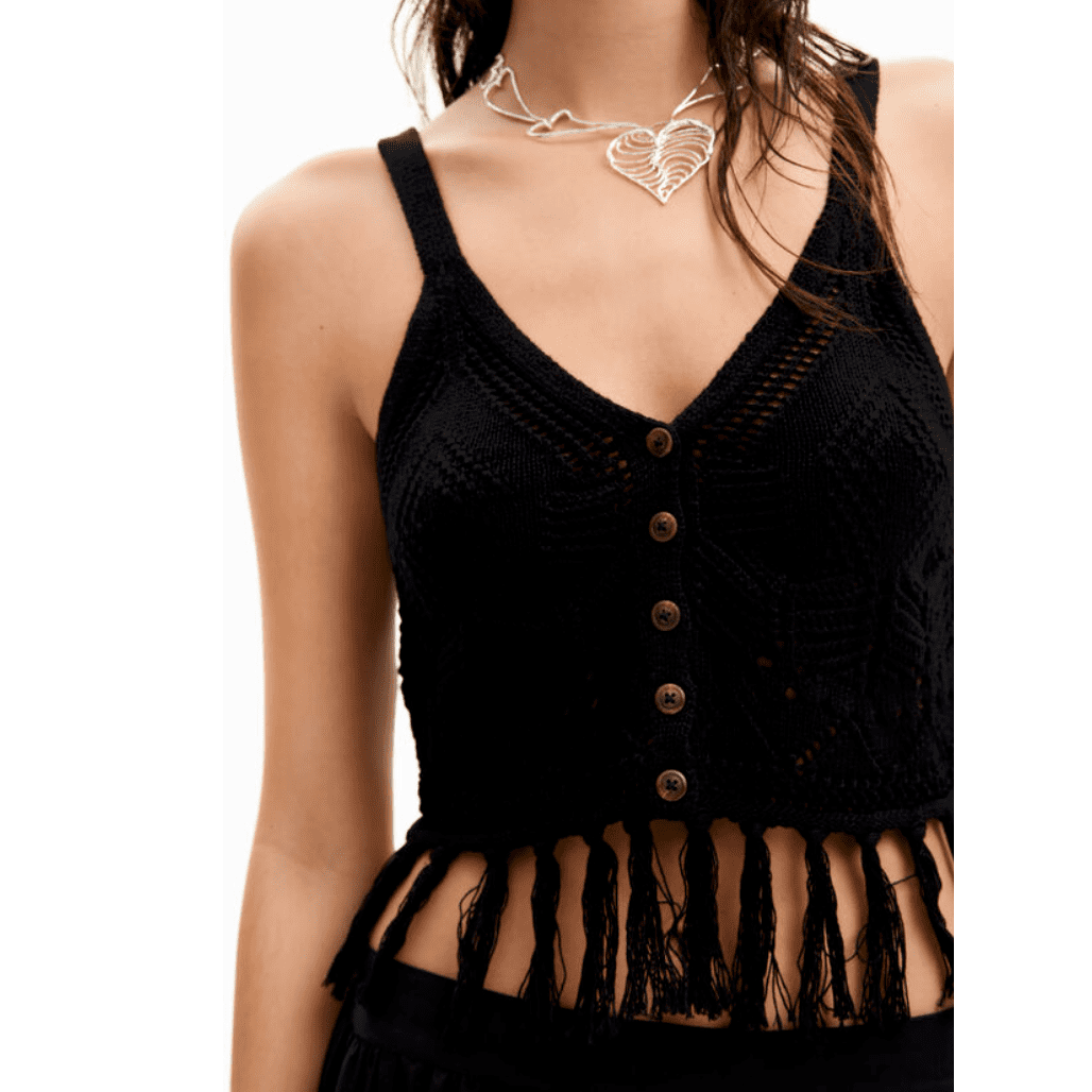Desigual Crochet Crop Cardigan Fringe Top in Black - Jaunts Boutique 