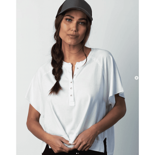 Mila Made in Los Angeles  Henley Hi Low Button Detail Tee in White - Jaunts Boutique 