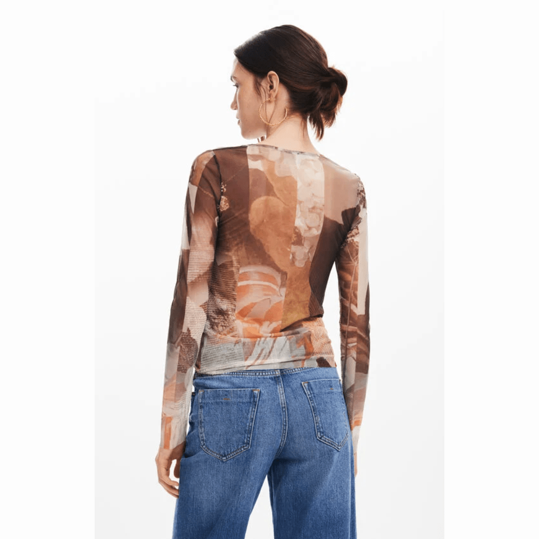 Haut à manches longues en tulle imprimé Desigual avec imprimé patch d'automne