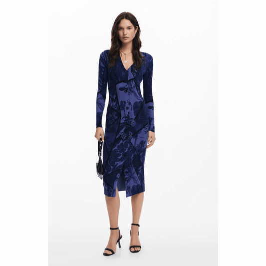 Desigual Long Sleeve Midi Dress in Multi Blue