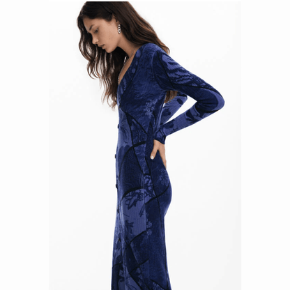 Vestido midi de manga larga en azul multi de Desigual