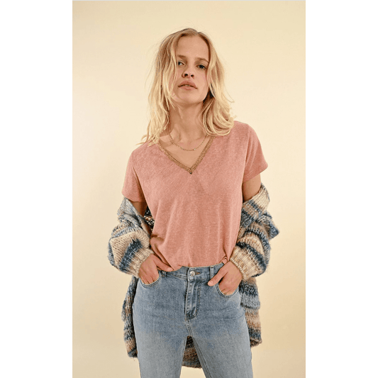 Molly Bracken Iridescent V-Neck Short Sleeve in Pink - Grey