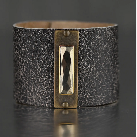 KBD Studio 2" Leather Soft Black Distressed Cuff with Labradorite