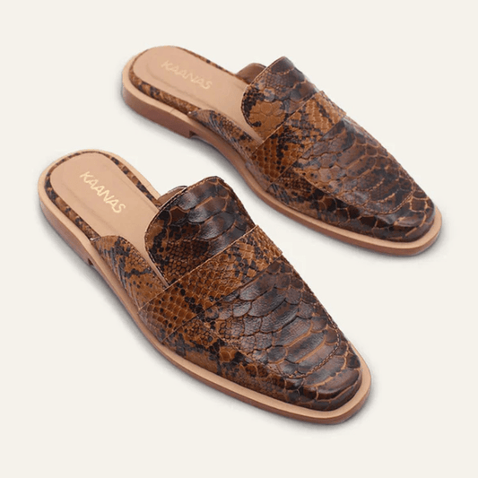 Kaanas Samara Snake- Embossed Square Toe Mule in Coffee