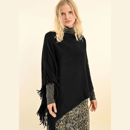 Poncho corto con flecos suaves de Molly Bracken en malva y negro