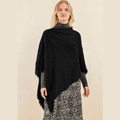 Poncho corto con flecos suaves de Molly Bracken en malva y negro