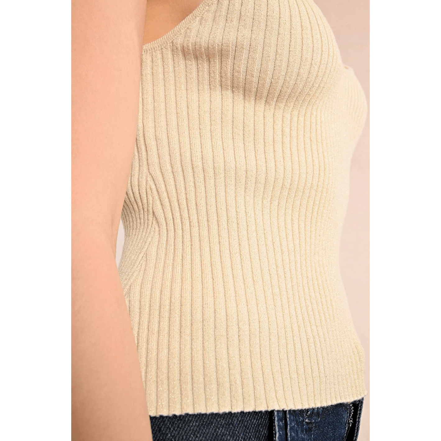 Molly Bracken Iridescent Ribbed Knit Top in Khaki and Beige