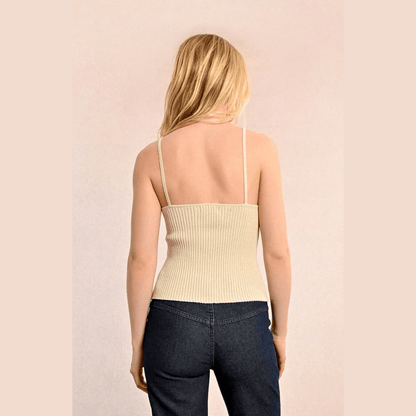 Molly Bracken Iridescent Ribbed Knit Top in Khaki and Beige