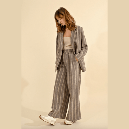 Molly Bracken Herringbone Wide-Leg Pants in Beige