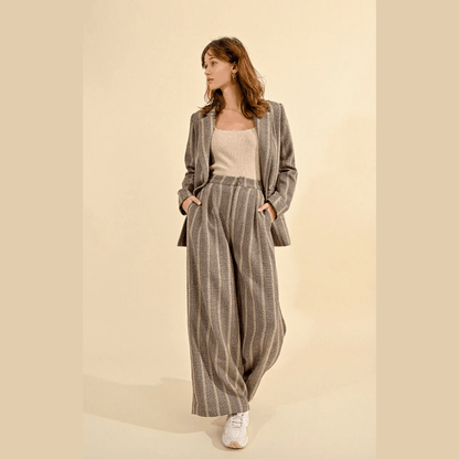 Molly Bracken Herringbone Wide-Leg Pants in Beige