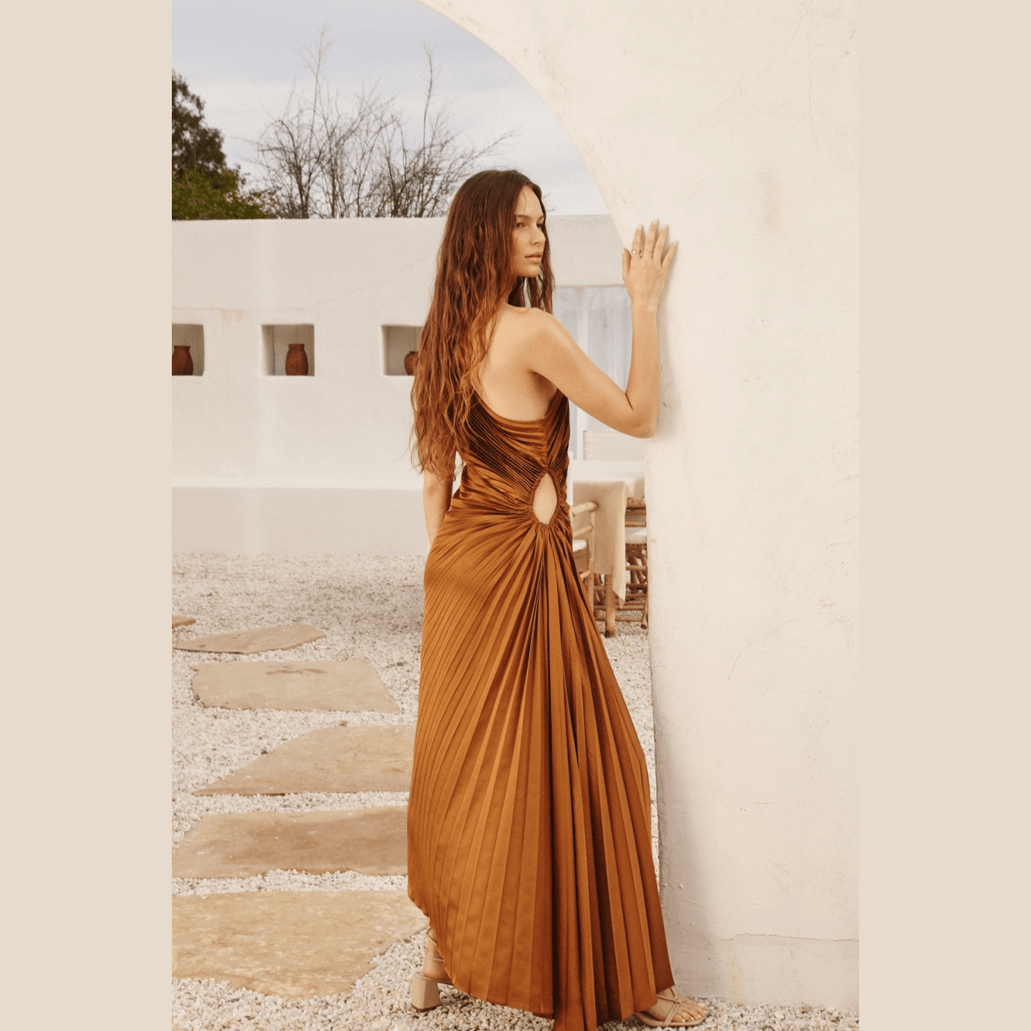 Forum Asymmetrical Pleated One Shoulder Side Cut-Out Dress in Golden Ochre