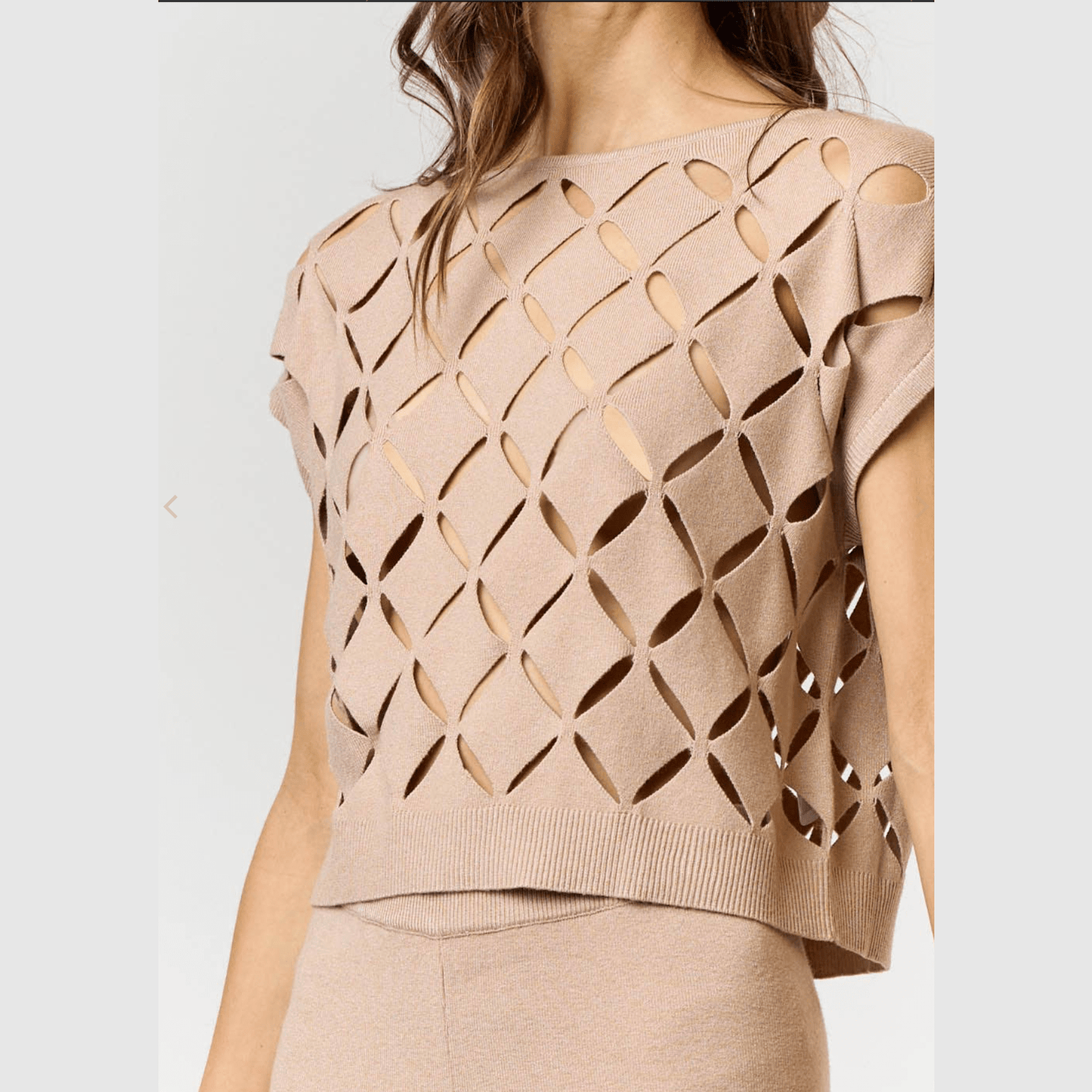 Cut Out Detail Short Sleeve Sweater in Taupe and Black