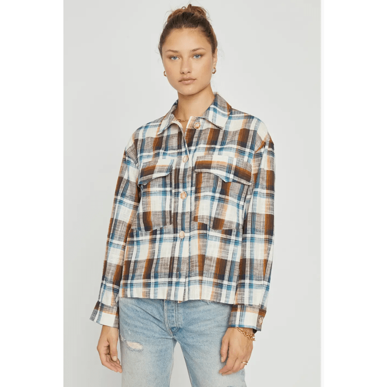 Sans Souci Oversized Plaid Button Down Shirt in Multi Blue Brown