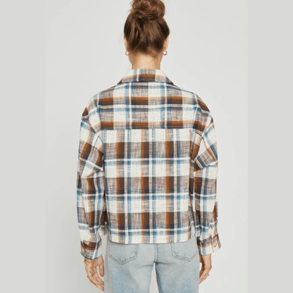 Sans Souci Oversized Plaid Button Down Shirt in Multi Blue Brown