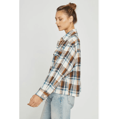 Sans Souci Oversized Plaid Button Down Shirt in Multi Blue Brown