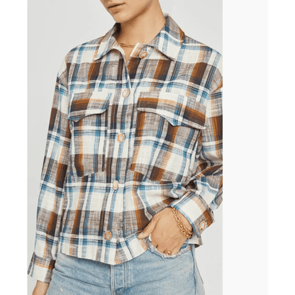 Sans Souci Oversized Plaid Button Down Shirt in Multi Blue Brown