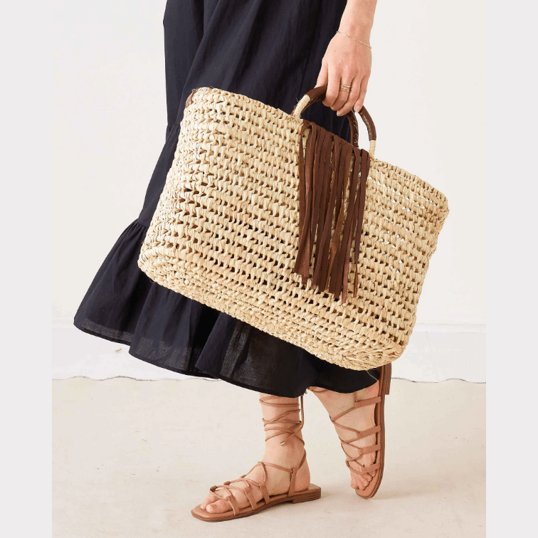 Handmade Leather Fringe Detailed Bazaar Basket Tote Bag - Jaunts Boutique 