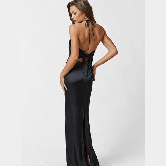 Satin Halter Neck Back Tie Dress in Black - Jaunts Boutique 