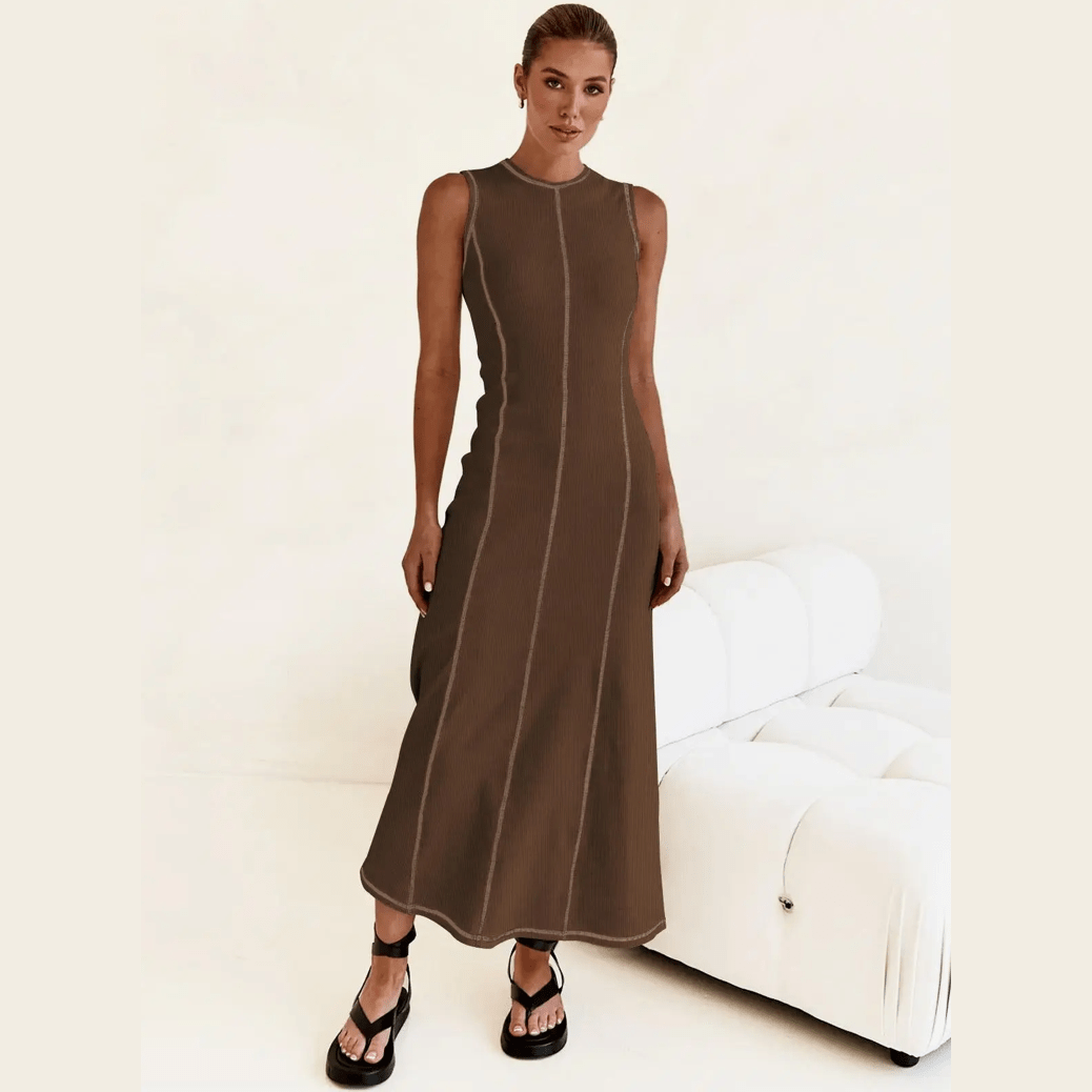 PRE-ORDER Stitch Ribbed Knit Midi Tank Dress in White and Brown - Jaunts Boutique 