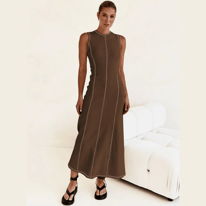 PRE-ORDER Stitch Ribbed Knit Midi Tank Dress in White and Brown - Jaunts Boutique 