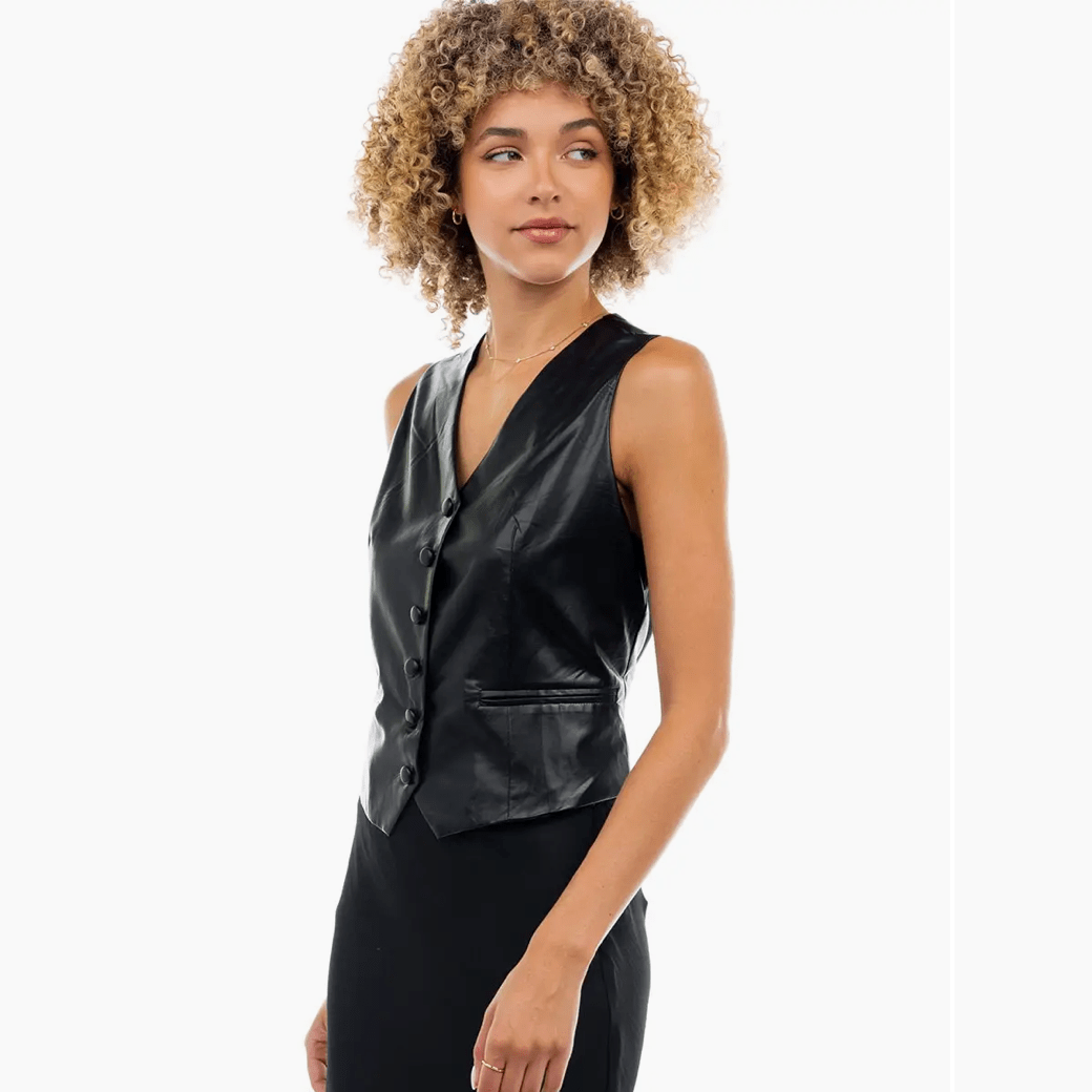 Vegan Butter Leather Vest Top with Front Welt Pockets in Black - Jaunts Boutique 