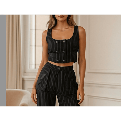 Pinstripe High-Waisted Wide-Leg Trouser Pants and Double Breasted Vest - Sold Separate