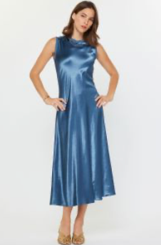 Mixed-Media Satin Front Midi Dress – Midnight Blue
