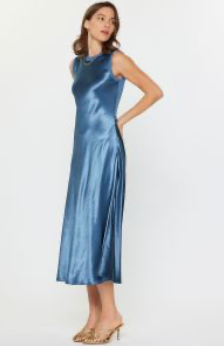 Mixed-Media Satin Front Midi Dress – Midnight Blue