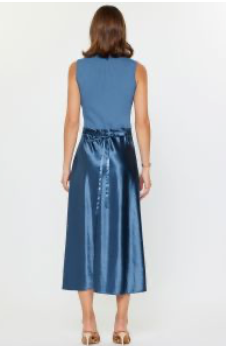 Mixed-Media Satin Front Midi Dress – Midnight Blue