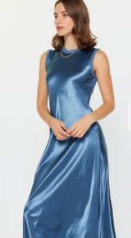 Mixed-Media Satin Front Midi Dress – Midnight Blue