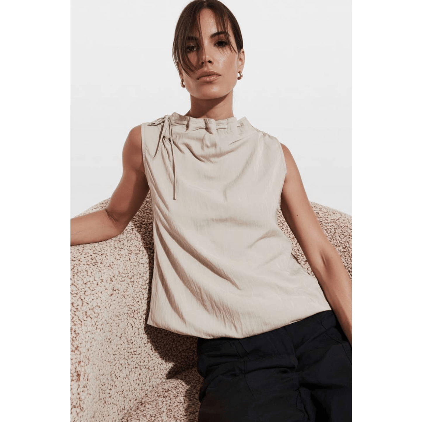 Cinched Mock Neck Sleeveless Top in White & Beige - Jaunts Boutique 