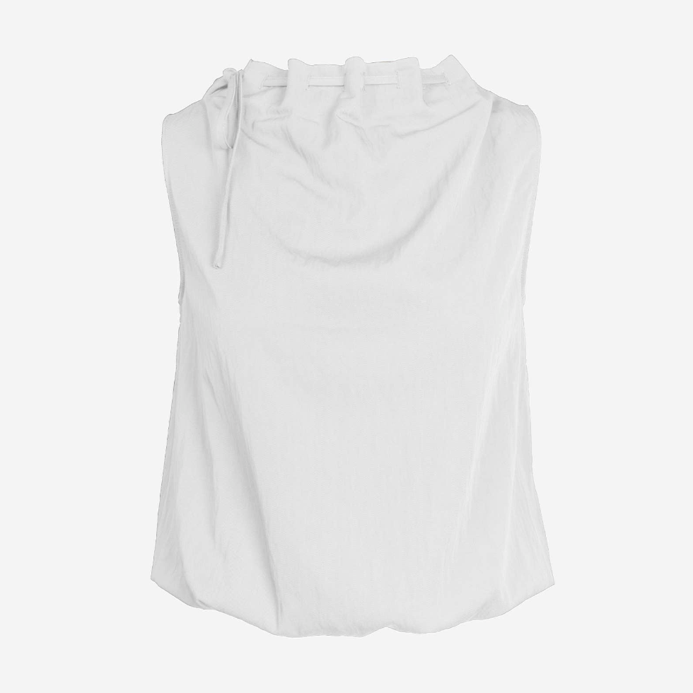 Cinched Mock Neck Sleeveless Top in White & Beige - Jaunts Boutique 