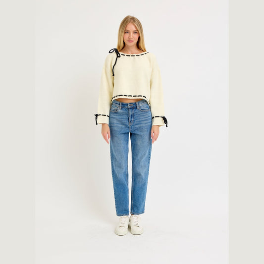 Contrast Stitch  Sweater Cream - Black