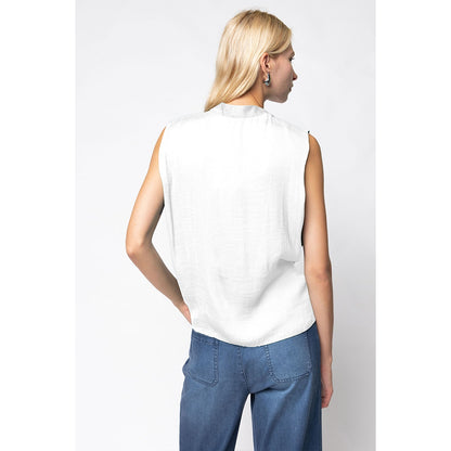 Sleeveless Wrap Top with Side Button Closure in White & Black - Jaunts Boutique 