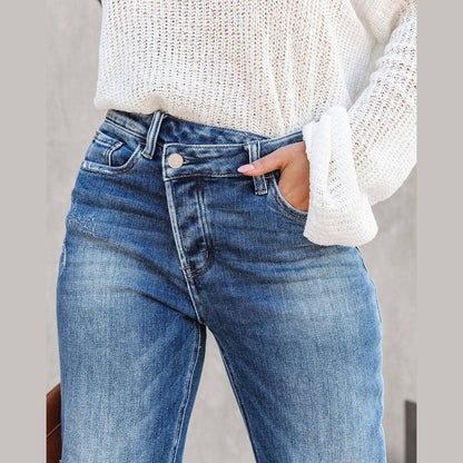 High-Waist Distressed Straight-Leg Denim Pants - Jaunts Boutique 