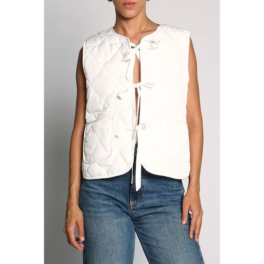 Sans Souci Padded Sleeveless Vest with Tie Front in White