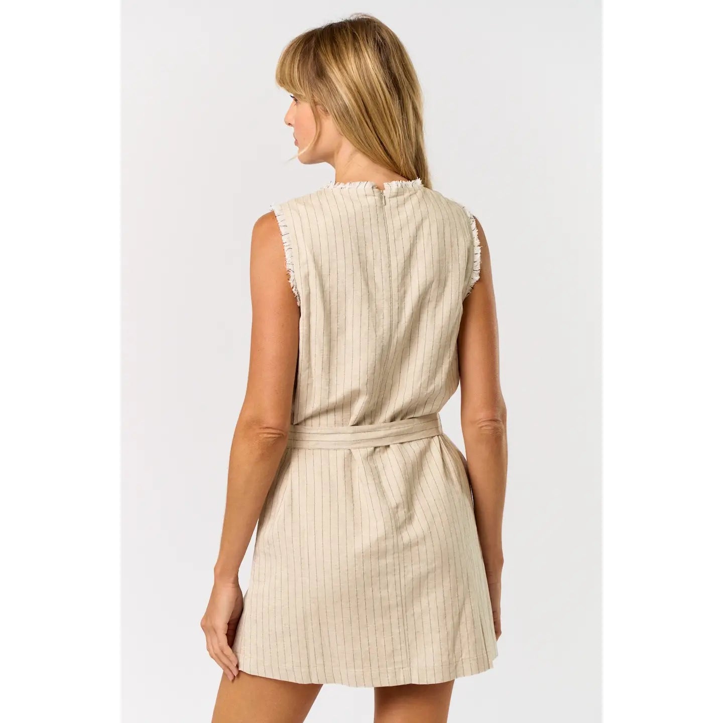 Fringe Hem Waist Tie Stripe Mini Dress in Oatmeal