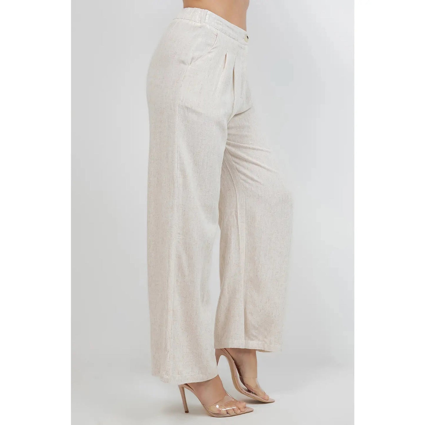 High waisted Pleated Wide Leg Pants in Linen - Khaki