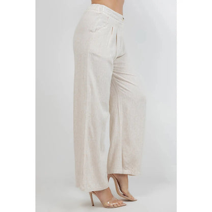 High waisted Pleated Wide Leg Pants in Linen - Khaki