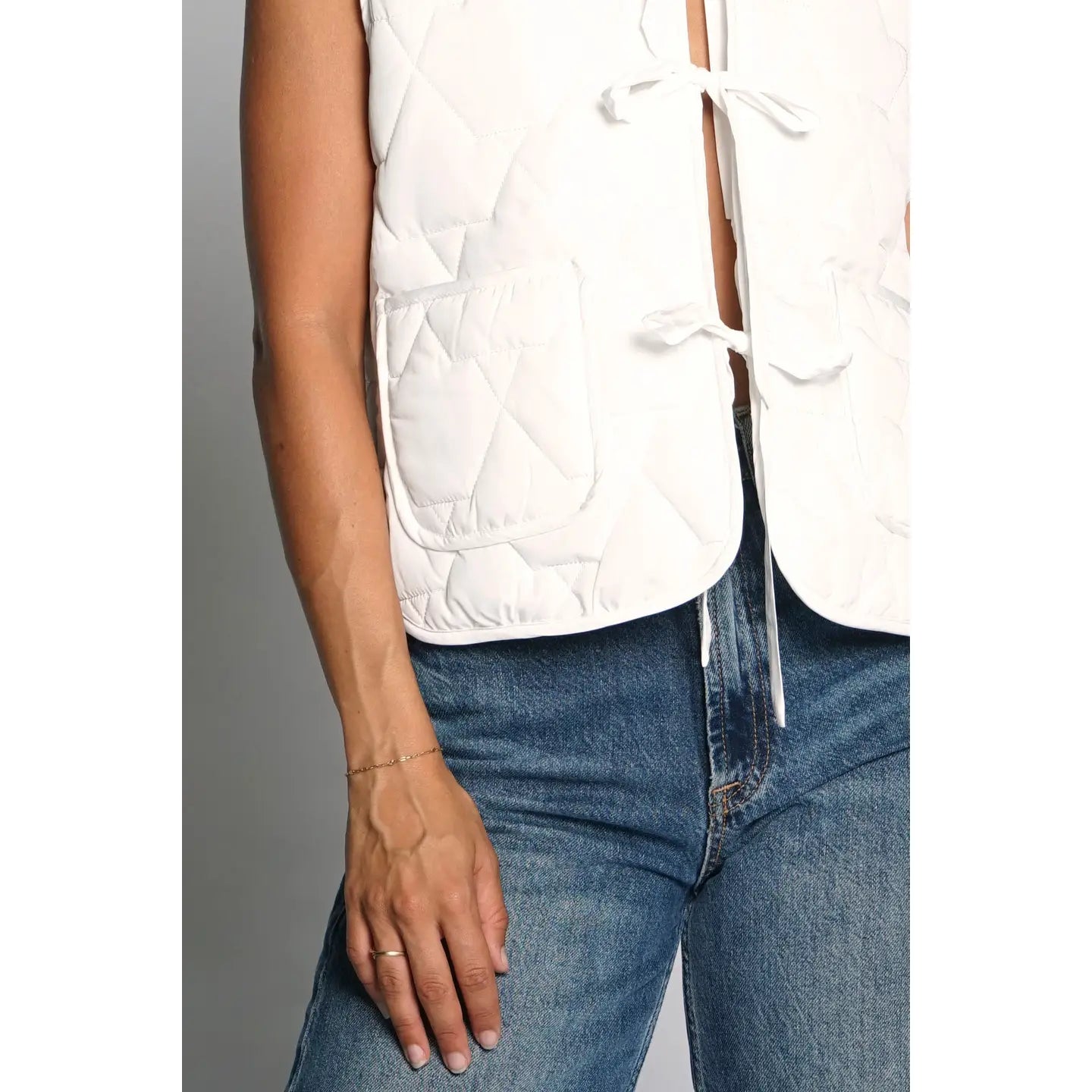 Sans Souci Padded Sleeveless Vest with Tie Front in White