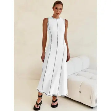 PRE-ORDER Stitch Ribbed Knit Midi Tank Dress in White and Brown - Jaunts Boutique 