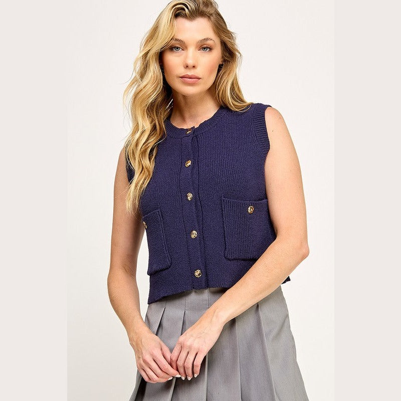 Button Down Waistcoat Sleeveless Sweater in Off White and Navy