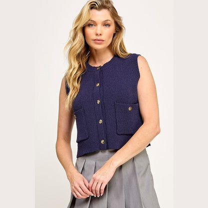 Button Down Waistcoat Sleeveless Sweater in Off White and Navy