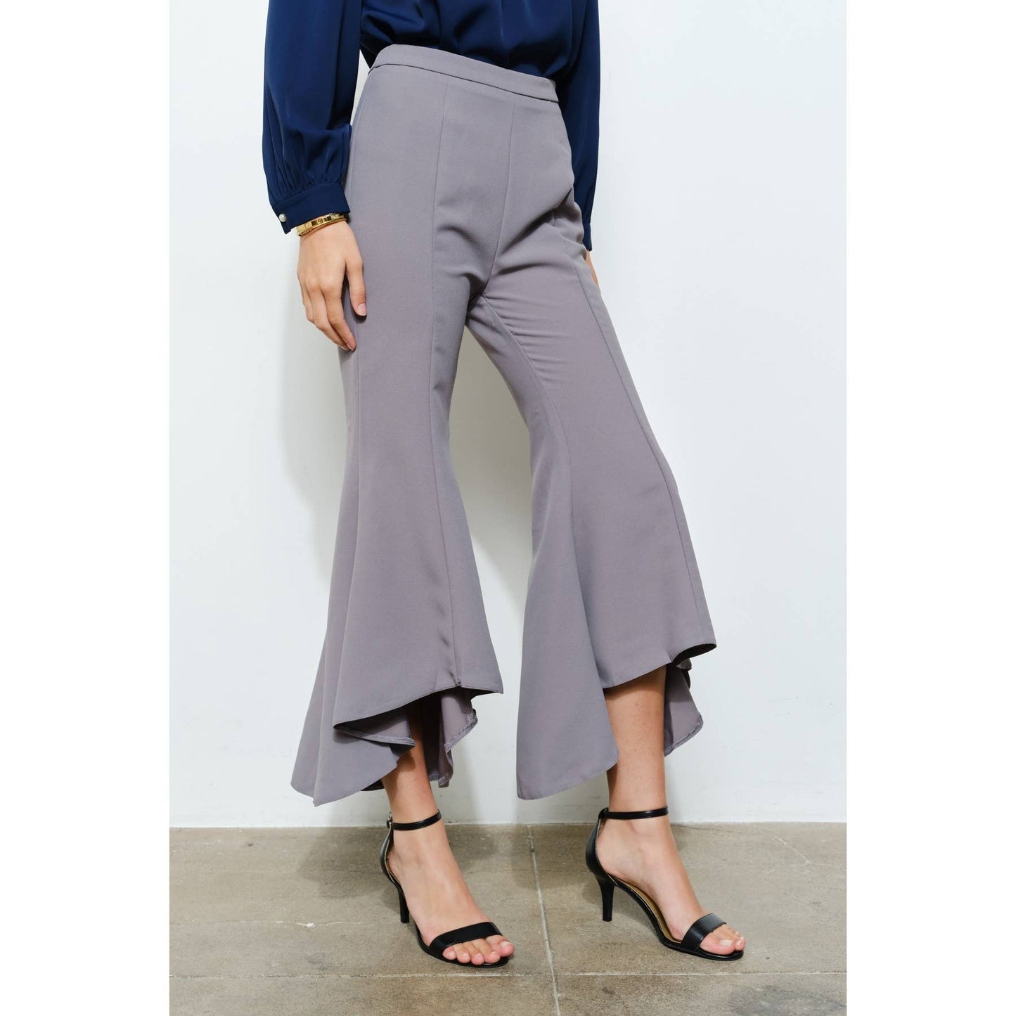 Draped Ruffle High-Low Flare Pants in Grey - Jaunts Boutique 