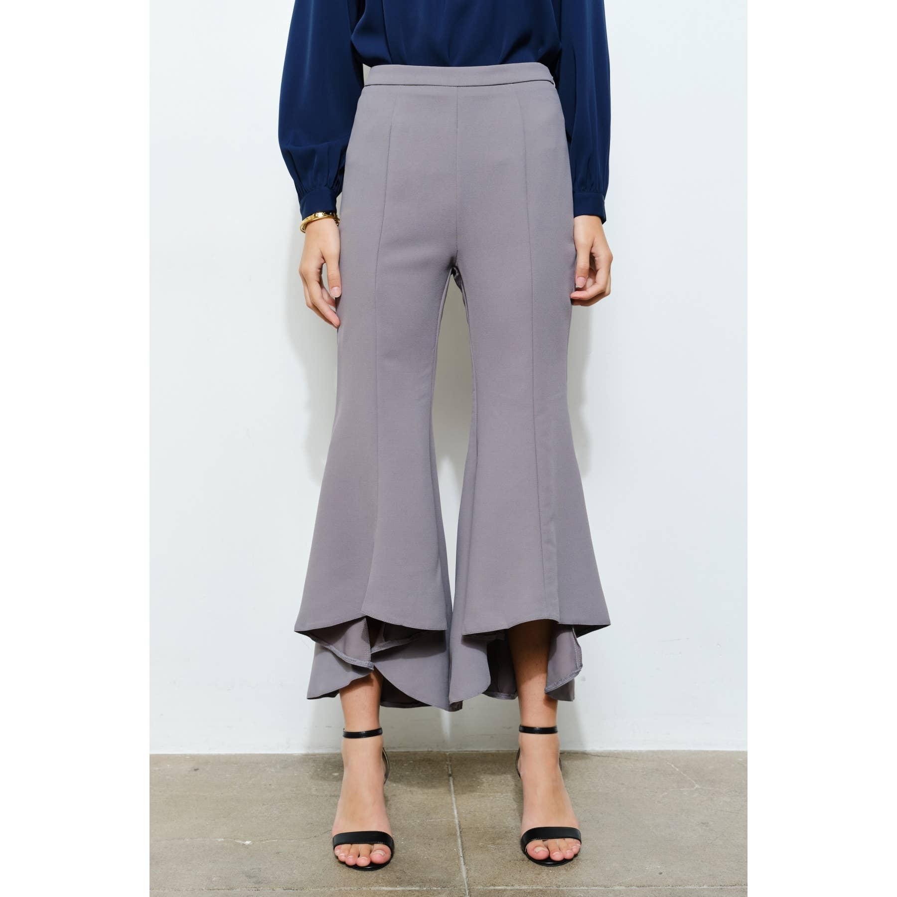 Draped Ruffle High-Low Flare Pants in Grey - Jaunts Boutique 