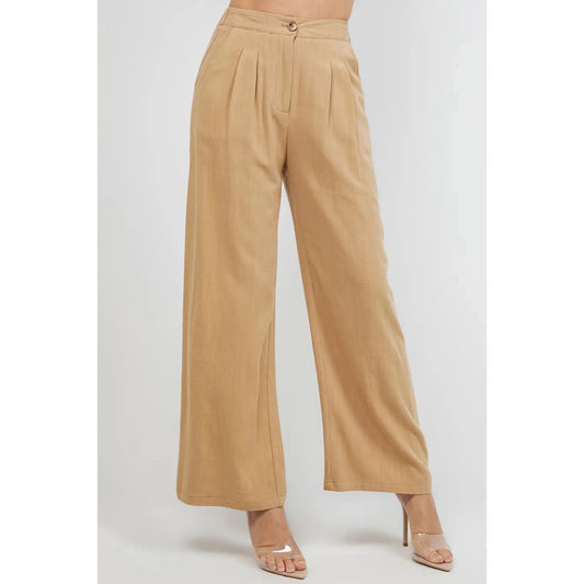High waisted Pleated Wide Leg Pants in Linen - Khaki